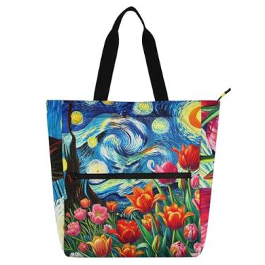 Imagem de Tulipa Flores Starry Night Work Tote Bag para mulheres lona faculdade escola bolsa carteiro bolsas amantes livros presentes
