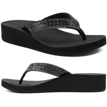 Imagem de KuaiLu Chinelo feminino elegante com plataforma de strass, moderno, confortável, com suporte de arco, sandália tanga para caminhada, espuma de ioga, chinelos de salto baixo, verão, piscina, praia