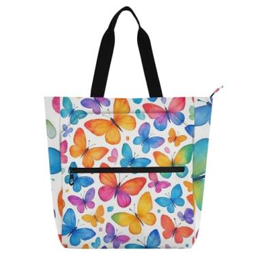 Imagem de GAIGEO Sacola de trabalho branca de borboletas coloridas para mulheres, bolsa de mão de lona, faculdade, escola, bolsa feminina com compartimentos