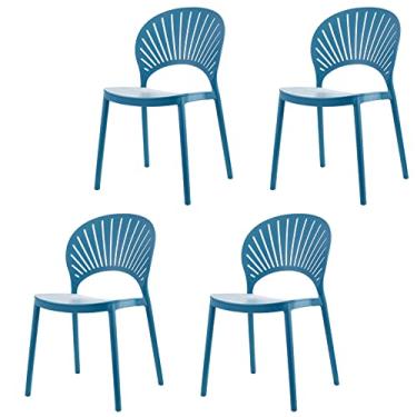 Imagem de TRGCJGH Cadeira de jantar com encosto curvo, cadeira de jantar bistrô sem braços, cadeira de jantar de plástico moderna com encosto curvo, plástico premium, azul