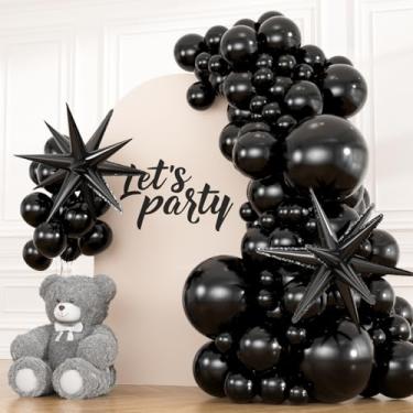 Imagem de 83 balões pretos com 2 balões de estrela, 45,7 cm, 18, 12, 25,5 cm, kit de arco de guirlanda de látex preto fosco para Halloween, formatura, aniversário, decorações de festa da NYE