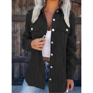 Imagem de Casaco feminino de veludo cotelê preto – Jaqueta de camisa grande com botões frontais, Preto, Small