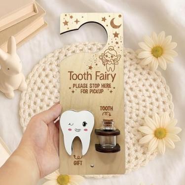 Imagem de DoubleFill Suporte de presente de fada de dente de Natal com suporte de porta kit de fada de dente com slot para dinheiro, garrafa de lembrança, bolsa de veludo, caixa de dentes para presente para