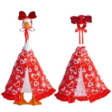 Imagem de cnomg Fantasia de ganso para varanda de dia dos namorados, estampa de coração, capa e faixa de cabeça de coração para fantasia de ganso de cimento de 58 cm, decoração de arte de gramado ao ar livre