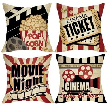Imagem de Fjfz Conjunto de 4 capas de almofada decorativas para noite de cinema, 50,8 x 50,8 cm, bilhete de cinema vintage, pipoca, palmas, teatro, decoração de casa, aproveite o show, listras, filme, filme