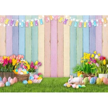 Imagem de Pano de fundo de madeira colorido de Páscoa, flores de primavera, gramado verde, cenário natural, decoração de festa de Páscoa, para crianças, aniversário, chá de bebê, adereços de estúdio fotográfico