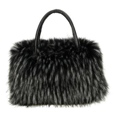 Imagem de Bolsa feminina de pele sintética felpuda grande bolsa fofa macia e fofa, Ponta preta/branca