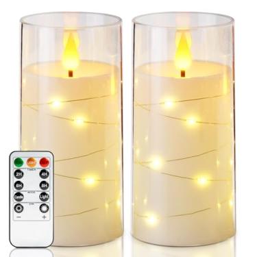 Imagem de Homemory Velas sem chama com cordão de luzes de fadas embutidas, velas operadas por bateria, velas de LED, velas falsas com controle remoto e temporizador, branco, conjunto de 3 (H 10 cm 12,7 cm 15 cm