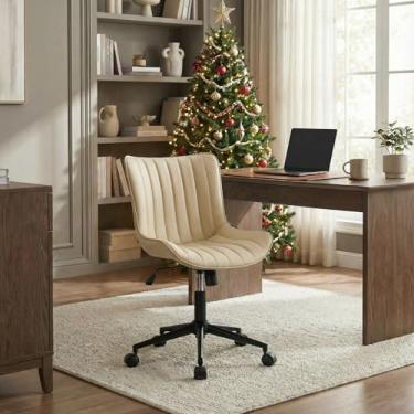 Imagem de YOUNIKE Cadeira de mesa de escritório em casa, cadeira de escritório giratória sem braços, cadeira de mesa ajustável de couro PU com rodas, cadeira de trabalho moderna com rodinhas para computador