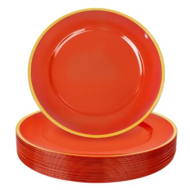 Imagem de WDF 25 peças de placas de carregamento de plástico vermelho - Carregadores vermelhos e dourados de 30 cm para jantar - Placas de carregamento vermelhas descartáveis - Perfeito para decoração de mesa