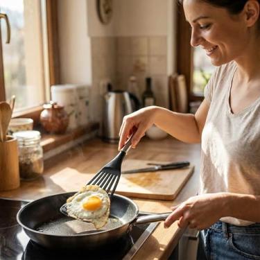 Imagem de Espátula giratória com fenda flexível - cabo de plástico revestido de borracha e lâmina de nylon espátula de peixe leve, fina, resistente para cozinhar ovos, peixes, panquecas e omeletes antiaderentes