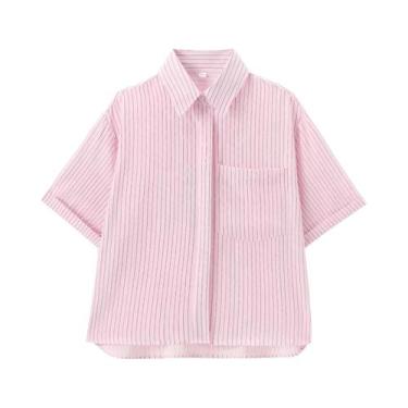 Imagem de Camisa Feminina De Manga Curta Com Gola Polo Em Cor Sólida E Bolso Mod