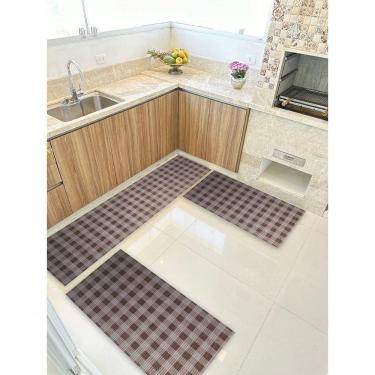 Imagem de Kit 3 Peças Jogo Cozinha Passadeira Emborrachada Não Derrapa Xadrez Cinza Marrom