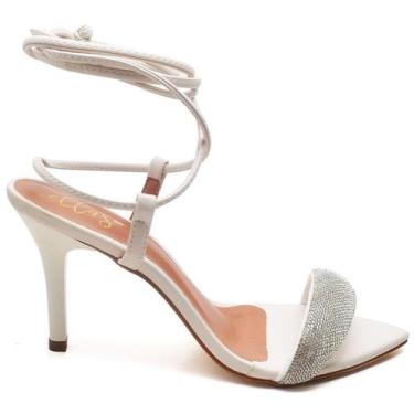 Imagem de Sandália Salto Médio Bico Folha Napa Off White Manta Strass - Ella'S, 