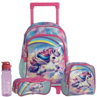 Imagem de Kit Mochila Carrinho de Unicornio Lancheira Estojo e Garrafa - Nova Ri