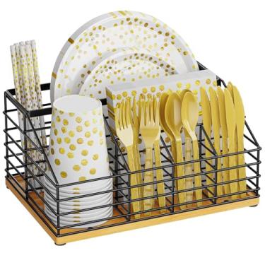 Imagem de Dispensador de placa de papel de metal, suporte de utensílios de prato de papel descartável para festa, copos de guardanapo - suporte de talheres de prata para festas, balcão de cozinha, bambu, preto