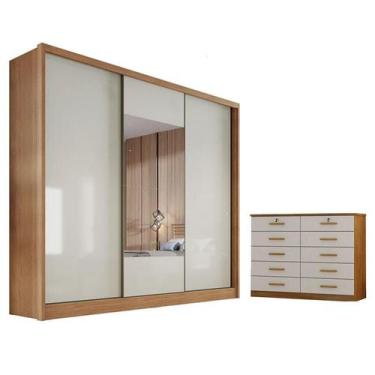 Imagem de Guarda Roupa Casal Medelim com Espelho e Gaveteiro Milão com Chave Cum