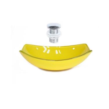 Imagem de Cuba De Vidro Oval Chanfrada 51Cm Amarela + Valvula Click