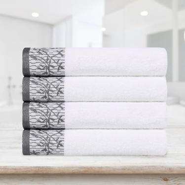 Imagem de Superior Toalhas de banho de algodão, conjunto de 4, borda de jacquard floral, toalha de corpo para banheiro, banho de hóspedes, resort, hotel, Airbnb, itens essenciais para casa, adultos e crianças,