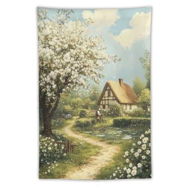 Imagem de Tapeçaria de casa de campo de palha de primavera, pintura a óleo, caminho de árvore branca, decoração de jardim rural pitoresco para sala de estar, quarto, decoração de arte de natureza sazonal