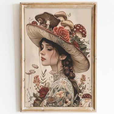 Imagem de Pintura de mulher vitoriana imagens vintage de cogumelo imagem de flor retrô retrato feminino arte de parede em tela estampa de mulher vintage imagens florais femininas arte de parede de cogumelo