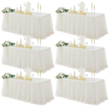 Imagem de familus Toalha de mesa retangular de 1,8 m marfim pacote com 6 toalhas de mesa elásticas com babados de tule elastano para saias de mesa de tule de 1,8 m para festas, casamentos, banquetes