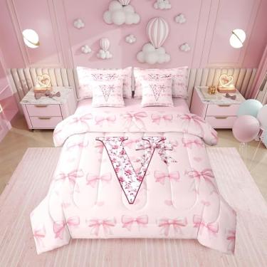 Imagem de Erosebridal Conjunto de cama solteiro com letra V com laço e alfabeto rosa, flores kawaii, corações amorosos, conjunto de edredom com lençol com monograma e laço em uma bolsa, conjunto de cama