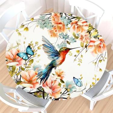 Imagem de Toalha de mesa redonda de beija-flor com borda elástica, à prova d'água, limpável, primavera, verão, chinoiserie, floral, para mesa de 101,6 a 111,8 cm, toalha de mesa elástica para jantar em