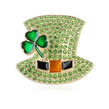 Imagem de Chapéu verde do dia de São Patrício, broche de trevo, broche de strass para mulheres e homens, broches de flor trevo da sorte, alfinetes de lapela delicados CZ para desfile, festa, roupas, acessórios