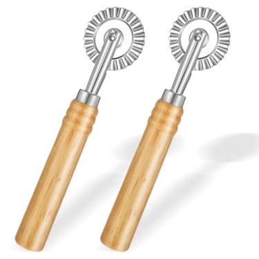 Imagem de LIQWEI 2 peças de roda de cortador de massa, cortador de massa e pastelaria, cortador de roda, ravioli com cabo longo de madeira para ravióli, bolinhos de massa, lasanha, pierogi