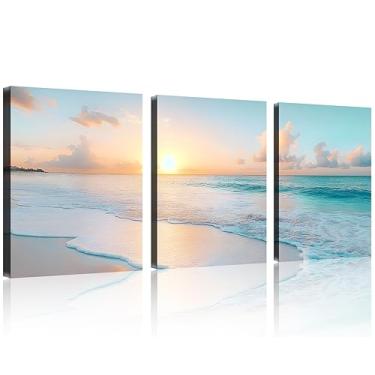 Imagem de TutuBeer 3 painéis imagens de praia arte de parede tela de praia arte de parede imagens oceânicas pinturas de paisagem costeira arte emoldurada para banheiro sala de estar escritório decoração de casa