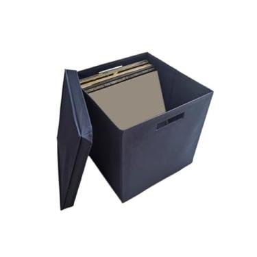 Imagem de Caixa de disco de vinil dobrável em tecido Oxford com tampa para armazenamento de CD de papelão e escritório doméstico (azul)