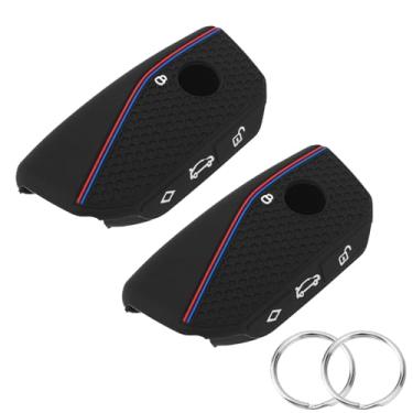 Imagem de 2 protetores de chaveiro, listras azuis e vermelhas de silicone, durável, antiimprensa, capa protetora para controle remoto de carro, compatível com sinal e 2 anéis de chave para proteção segura