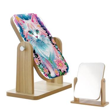 Imagem de antor Espelho de pintura de diamante – Espelho de madeira reversível com design de gato para mesa, espelho de maquiagem DIY com arte decorativa de diamante, presente de artesanato divertido para