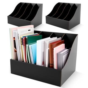Imagem de Fiwochic Pacote com 3 suportes de arquivo de revistas de papelão, 27 x 26 x 35 cm, caixa de armazenamento de documentos verticais de quatro grades para prateleiras de mesa, escritório em casa (preto)