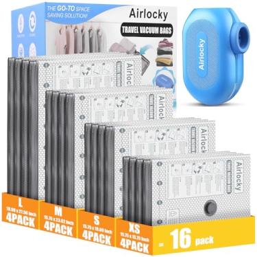 Imagem de Airlocky Sacos de armazenamento a vácuo de viagem com bomba, pacote com 16 sacos de compressão + bomba elétrica portátil, 80% de economia de espaço de roupas, sacos de vedação a vácuo para roupas e