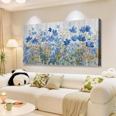 Imagem de The Mode Art Grande pintura azul e branco flores arte de parede imagens florais decoração de parede paisagem tela obras de arte decoração para sala de estar casa banheiro quarto 50,8 x 101,6 cm