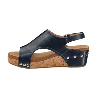 Imagem de Corkys Footwear Sandália feminina Volta II Wedge – Cunha acolchoada de 5 cm, fecho de velcro para conforto e estilo, perfeita para roupas casuais e elegantes, uso durante todo o dia, Azul marino, 36