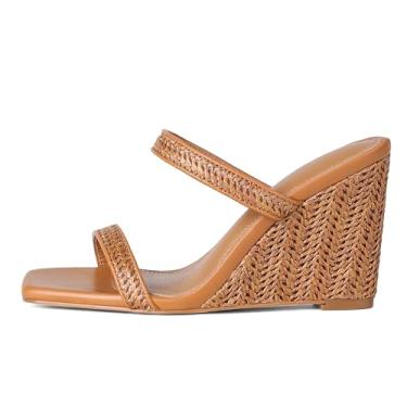 Imagem de EQAUDES Sandália Wedges feminina bico quadrado verão - alpargatas, sem cadarço, praia, sandália de salto alto com duas tiras, confortável, vestido de férias, sapatos de casamento, 1 ráfia, 36