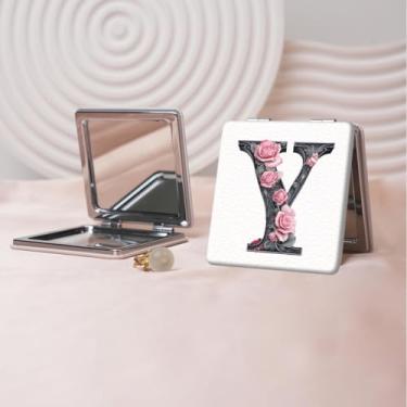 Imagem de Espelho de maquiagem portátil de couro PU retrô europeu com letras florais, mini espelho dobrável de mão dupla face, quadrado para retoque, presente ideal para todas as ocasiões