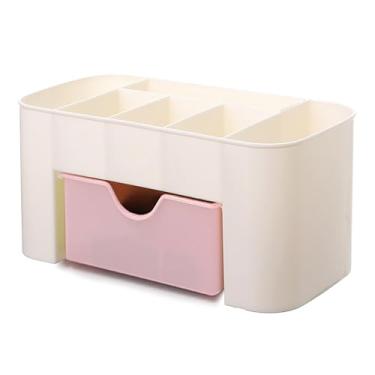 Imagem de Organizador de gaveta de mesa multifuncional de plástico arrumado Maquiagem Caixa de armazenamento de joias para organizador de bancada de mesa de escritório (Rosa claro)