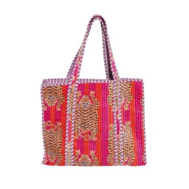 Imagem de SHIRANYA Bolsa feminina acolchoada – Bolsa de ombro leve de veludo macio para compras, viagens e transporte diário, Faixa rosa, Large, Sacola com estampa acolchoada