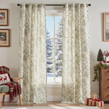 Imagem de Cortinas jinchan de lino con diseño floral, 244 cm de largo, verde cla