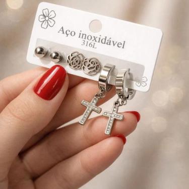 Imagem de Kit com 3 Pares de Brincos em Aço Inoxidável 316L Delicados Modernos -