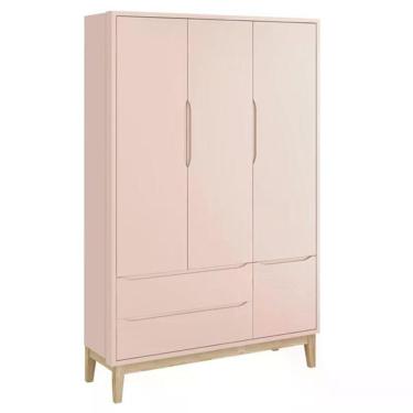 Imagem de Guarda Roupa Infantil Classic 3 Portas Rosa Fosco Com Pés Madeira Natural - Reller Móveis Rosa Fosco
