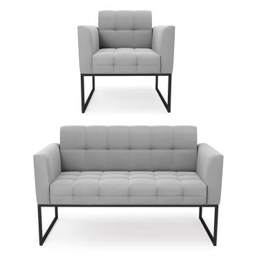 Imagem de Kit 1 Sofá Namoradeira e 1 Poltrona Elisa Suede Cinza Base Metálica Industrial Preto D03 - D'Rossi