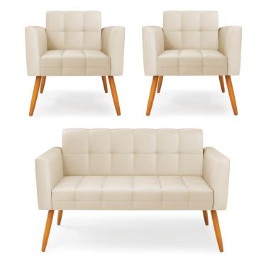 Imagem de Kit 1 Sofá Namoradeira e 2 Poltronas Elisa Corino Bege Pés Palito Castanho D03 - D'Rossi
