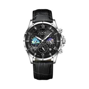 Imagem de Relógio Esportivo Masculino De Couro Genuíno LIGE 2024 Luxuoso Militar