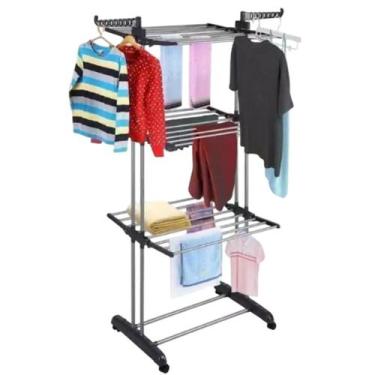 Imagem de Varal de Chão Dobrável 3 Andares com Rodinhas 360, com Travas, 6 Prate