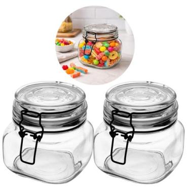 Imagem de 2 Potes Vidro 550ml Hermético Silicone Clipe Metal Preto - Lyor